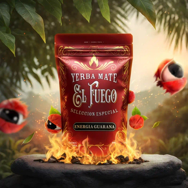 Yerba mate El Fuego Energia Guarana w czerwonym opakowaniu z dodatkiem guarany.