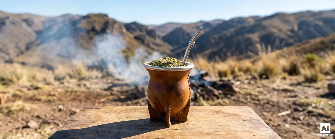 Matero z kopczykiem pylastego suszu na tle gór, czyli mocna yerba mate.