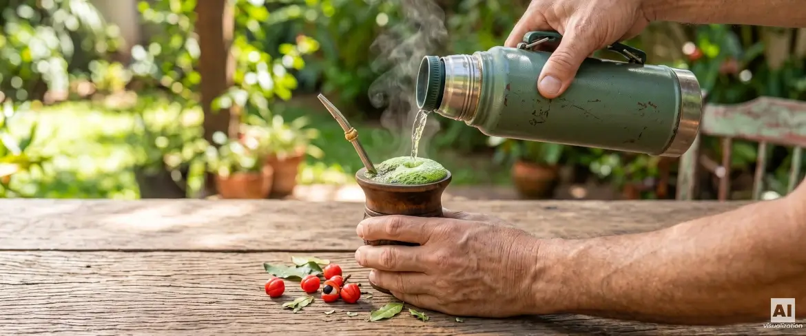 Zaparzanie yerba mate z termosu w matero, z zieloną pianką i dodatkami roślinnymi.
