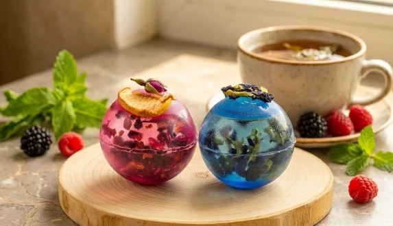Bomby herbaciane w szklanym dzbanku – kolorowe kule herbaciane z izomaltu