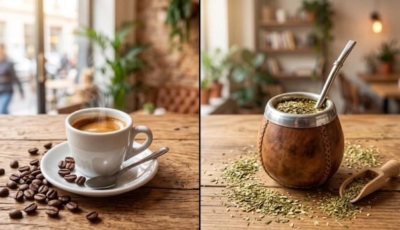 Kawa i yerba mate na drewnianym stole – dwa napoje a ryzyko zjazdu kofeinowego.