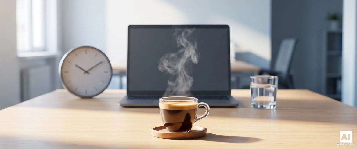 Filiżanka espresso, zegar i laptop przy biurku – senność po kawie i caffeine crash.