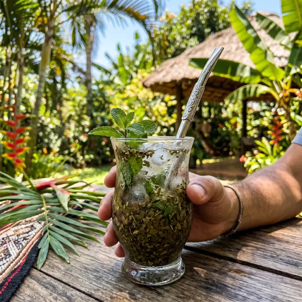Orzeźwiające tereré w szklanym naczyniu z kostkami lodu i świeżą miętą – tradycyjny sposób na picie yerba mate w Paragwaju