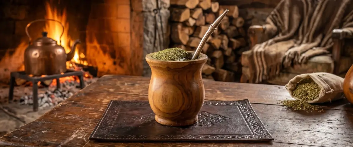 Drewniane naczynko z usypanym kopczykiem z suszu – tak przygotowywana jest mocna yerba mate, jaką bez wątpienia jest klasyczna yerba paragwajska