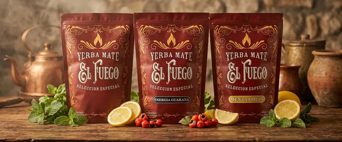 Trzy warianty smakowe yerba El Fuego na drewnianym stole: klasyczna, z guaraną oraz miętowo-cytrynowa