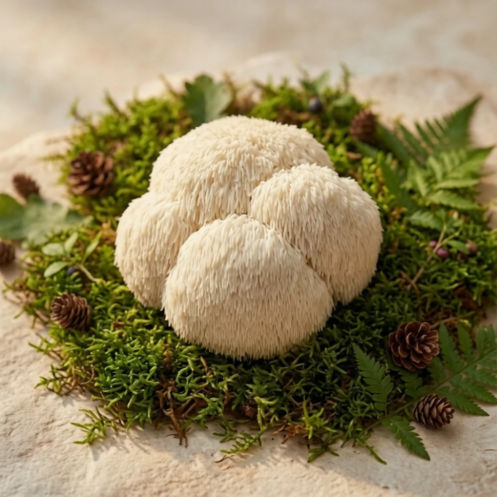 Puszysty, surowy grzyb soplówka jeżowata leżący na leśnym mchu, z którego pozyskuje się wartościowy ekstrakt