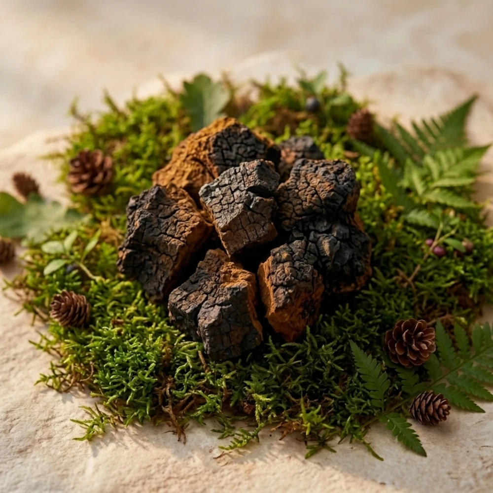 Kawałki surowej chagi (Inonotus obliquus) na zielonym mchu