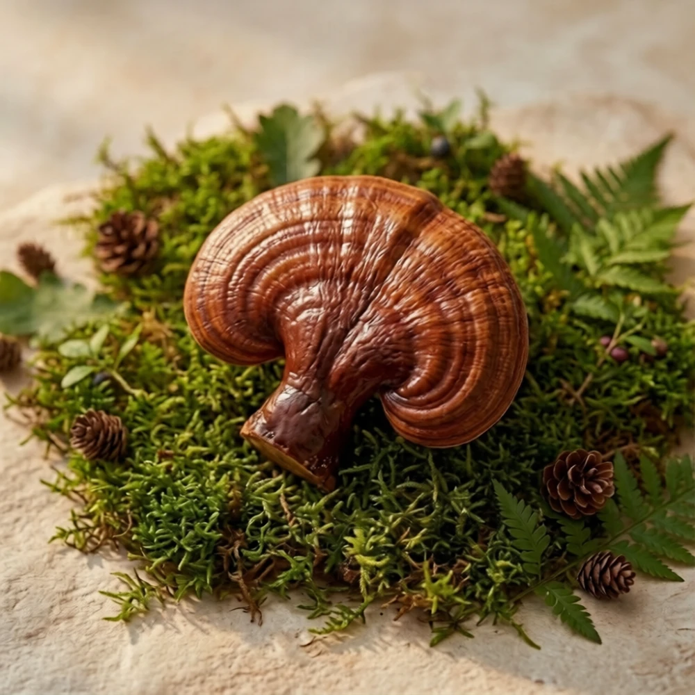 Błyszczący, brązowo-czerwony grzyb reishi na mchu