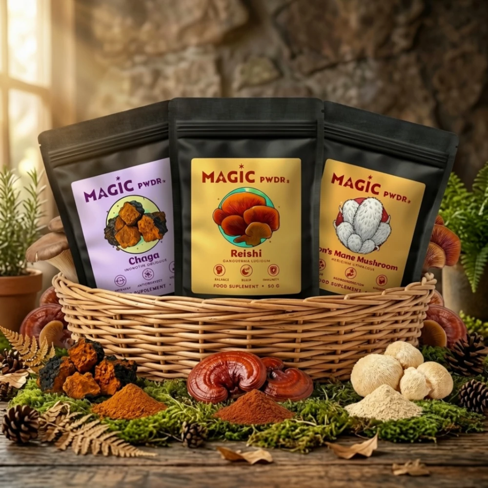 Trzy opakowania produktów Magic Pwdr w wiklinowym koszyku na leśnym mchu – błyskoporek podkorowy, reishi i soplówka jeżowata