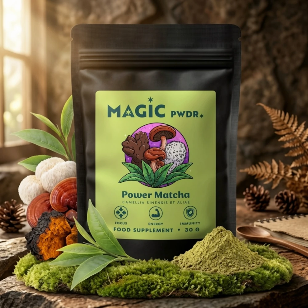 Opakowanie blendu Magic Pwdr Power Matcha w otoczeniu natury. Obok produktu leżą liście zielonej herbaty, usypana matcha oraz surowe grzyby suplementy: chaga, reishi i soplówka jeżowata