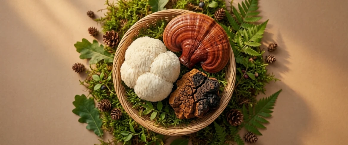 Koszyk z surowymi grzybami na leśnym mchu. Widoczne grzyby funkcjonalne to soplówka jeżowata, reishi oraz błyskoporek podkorowy