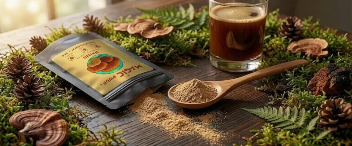 Opakowanie Magic Pwdr Reishi i proszek z grzybów na drewnianej łyżce. Grzyby w proszku jako łatwy w przygotowaniu, ciemny napar