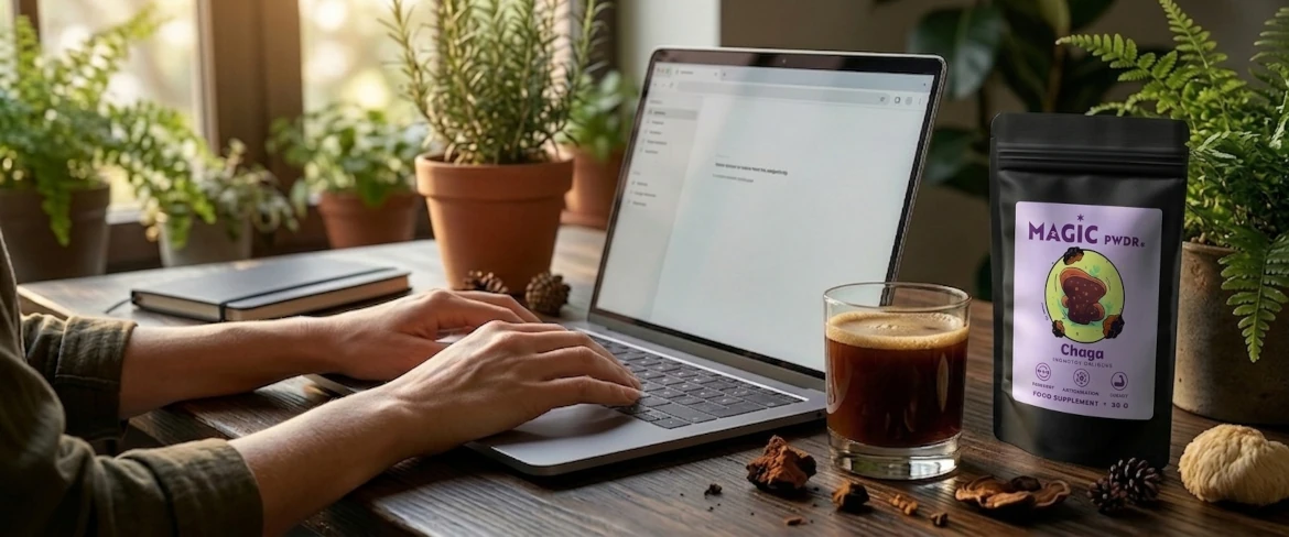 Osoba pracująca przy komputerze z kubkiem naparu. Suplementy grzyby, takie jak Magic Pwdr Chaga, to naturalne wsparcie pracy umysłowej