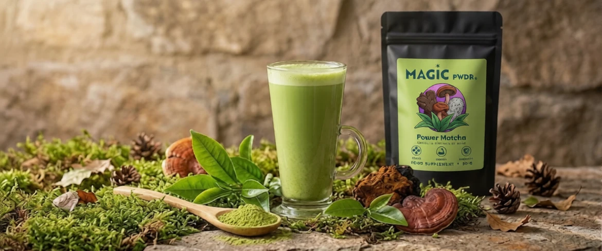 Zielony napar Power Matcha z dodatkiem ekstraktów w szklance. Grzyby funkcjonalne Magic Pwdr w formie wygodnego blendu z matchą