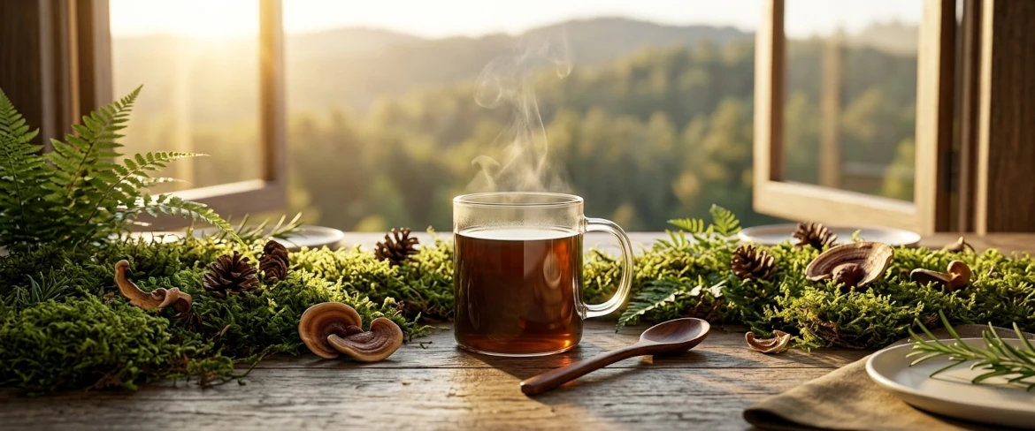 Parujący kubek naparu obok surowego grzyba reishi na drewnianym stole. Poranny rytuał wykorzystujący grzyby i ich właściwości lecznicze