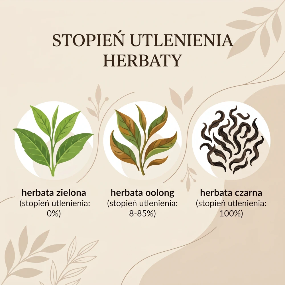 Infografika edukacyjna pokazująca stopień utlenienia herbaty zielonej, herbaty oolong i czarnej herbaty