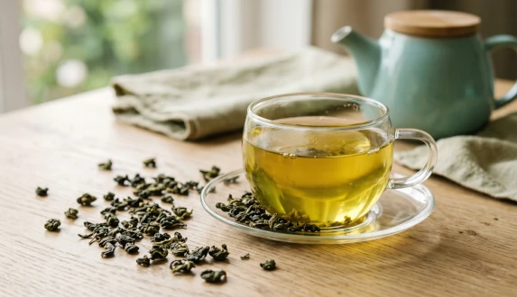 Zaparzona herbata oolong w szklanej filiżance na drewnianym blacie
