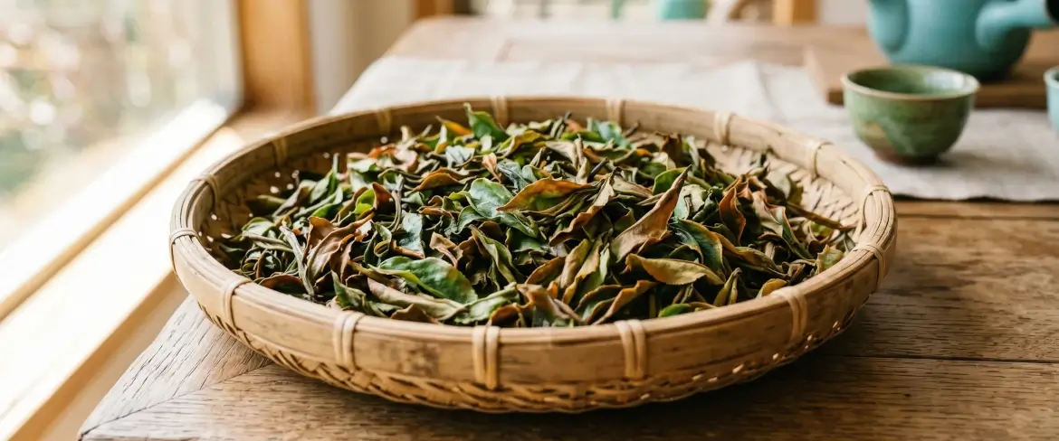 Liście herbaty oolong w bambusowym koszu podczas oksydacji