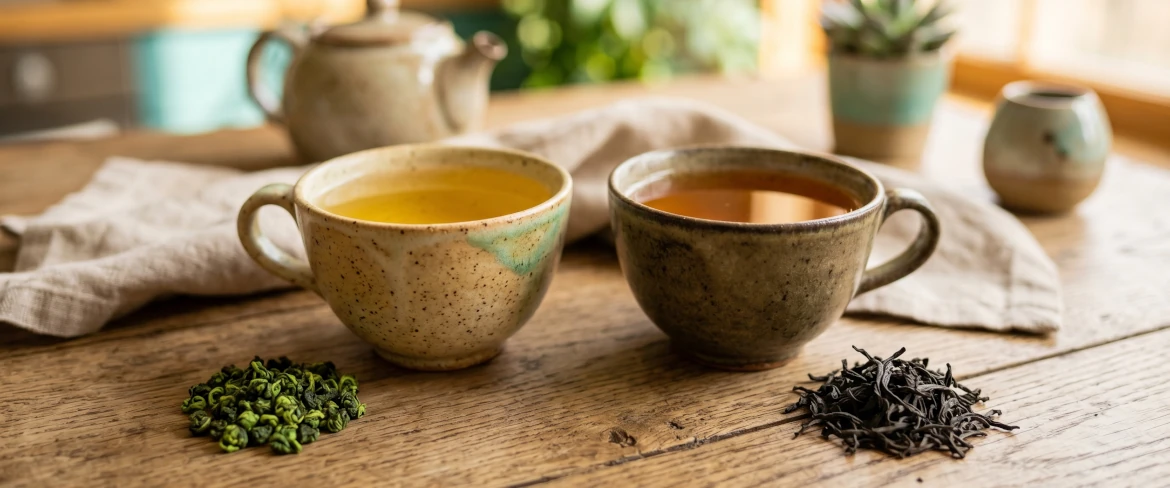 Dwie filiżanki z jasnym i ciemnym naparem obrazujące zróżnicowany charakter herbaty oolong