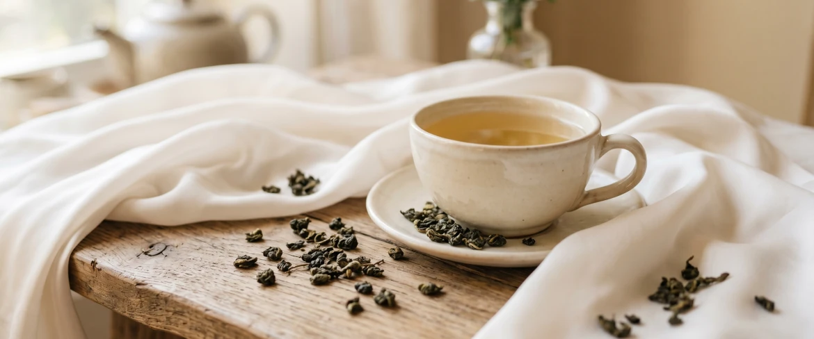 Filiżanka jasnego naparu w otoczeniu jedwabiu nawiązująca do delikatnej herbaty milk oolong