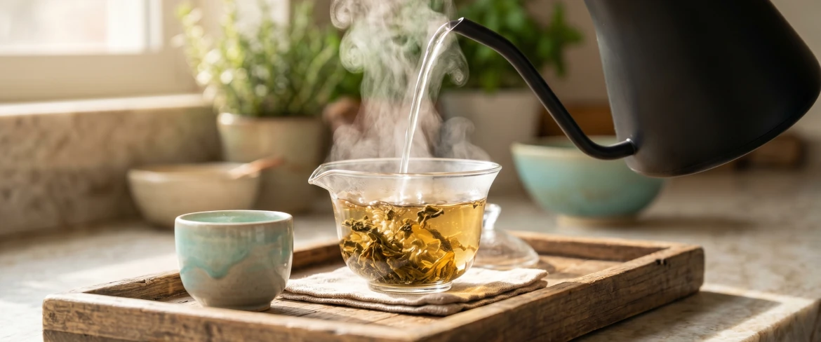 Zalewanie zwiniętych liści wodą z czajnika, pokazujące jak parzyć herbatę oolong