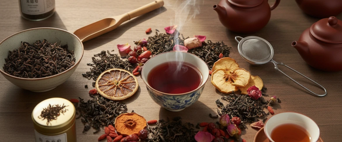 Susz liściasty i filiżanka czerwonej herbaty Pu Erh – właściwości i działanie naparu