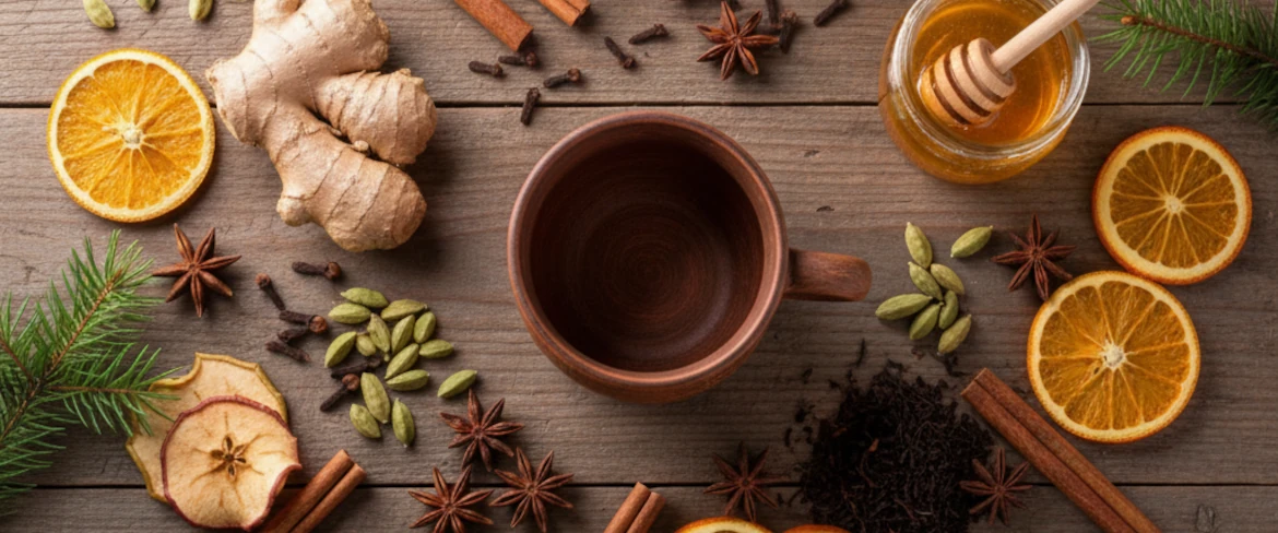 Składniki na herbatę zimową – imbir, goździki, cynamon i cytrusy do domowych rozgrzewających przepisów.