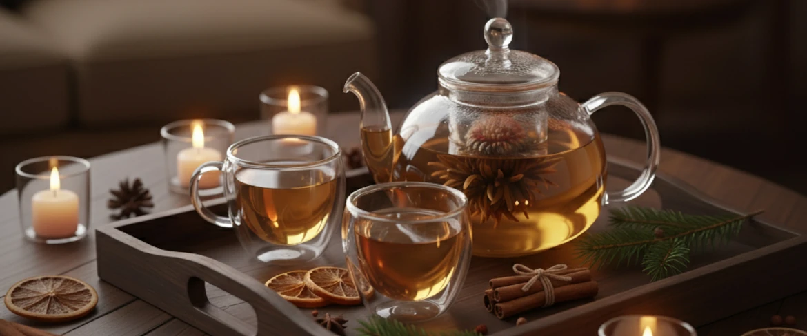 Dzbanek na herbatę i szklanki do herbaty – eleganckie podanie aromatycznej herbaty zimowej.