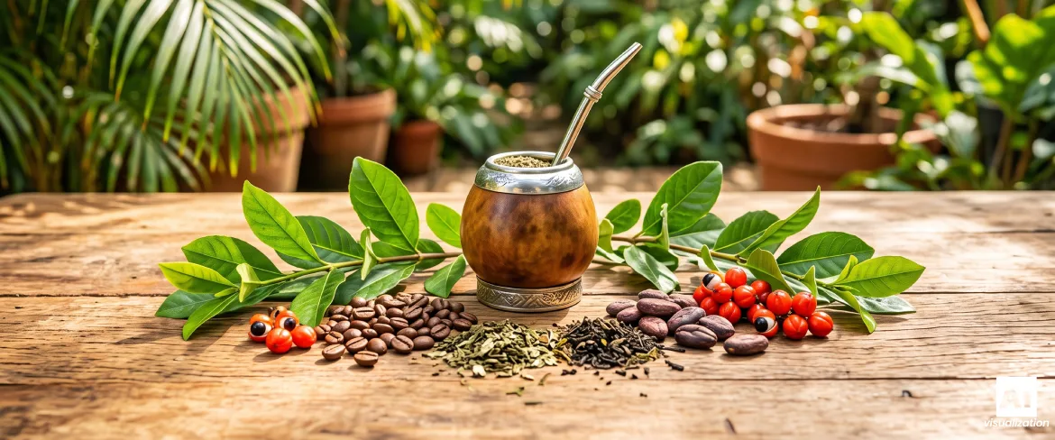 Yerba mate z liśćmi ostrokrzewu, kawą, herbatą i owocami guarany.