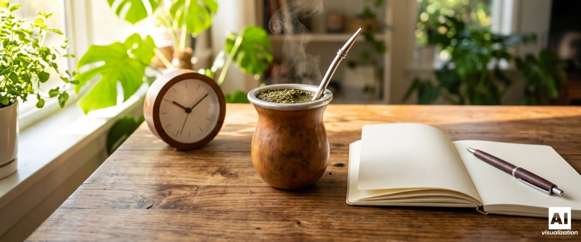 Yerba mate, zegar i notes symbolizujące działanie kofeiny oraz koncentrację.