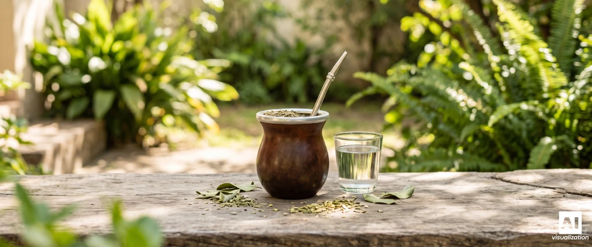 Yerba mate i szklanka wody symbolizujące umiar w spożyciu kofeiny.