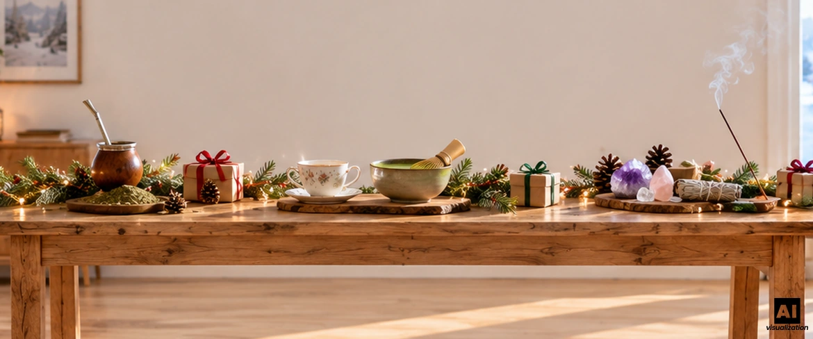 Tykwa z yerba mate, herbata, matcha, kryształy i szałwia na stole – pomysły na kalendarz adwentowy na prezent.