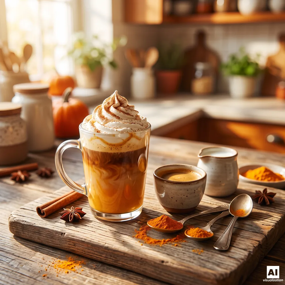 Kawa dyniowa według przepisu: Pumpkin Spice Latte z bitą śmietaną i cynamonem, obok espresso i mleko.