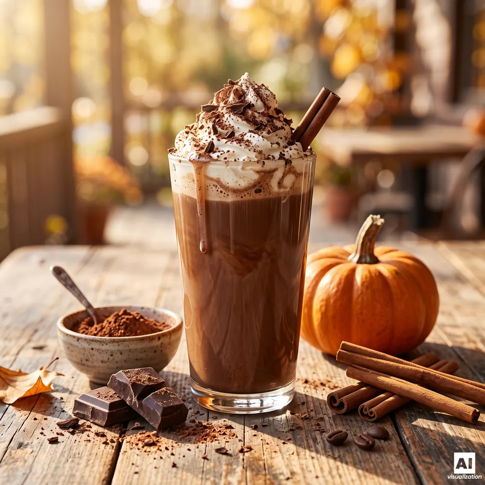 Dyniowa mocha z bitą śmietaną i wiórkami czekolady obok miseczki kakao, gorzkiej czekolady i dyni.