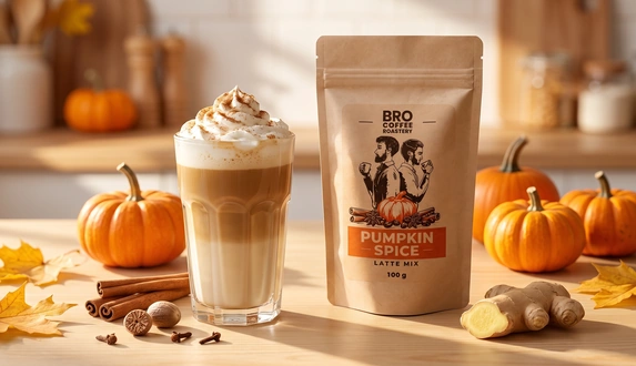 Szklanka Pumpkin Spice Latte z bitą śmietaną obok doypacka Bro Coffee Roastery Pumpkin Spice Latte Mix i dyń.