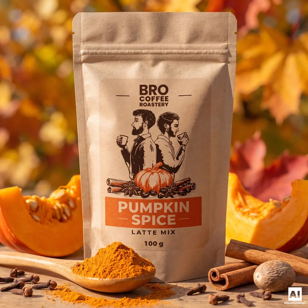 Doypack Bro Coffee Roastery Pumpkin Spice Latte Mix z łyżką dyni w proszku, cynamonem i gałką muszkatołową.