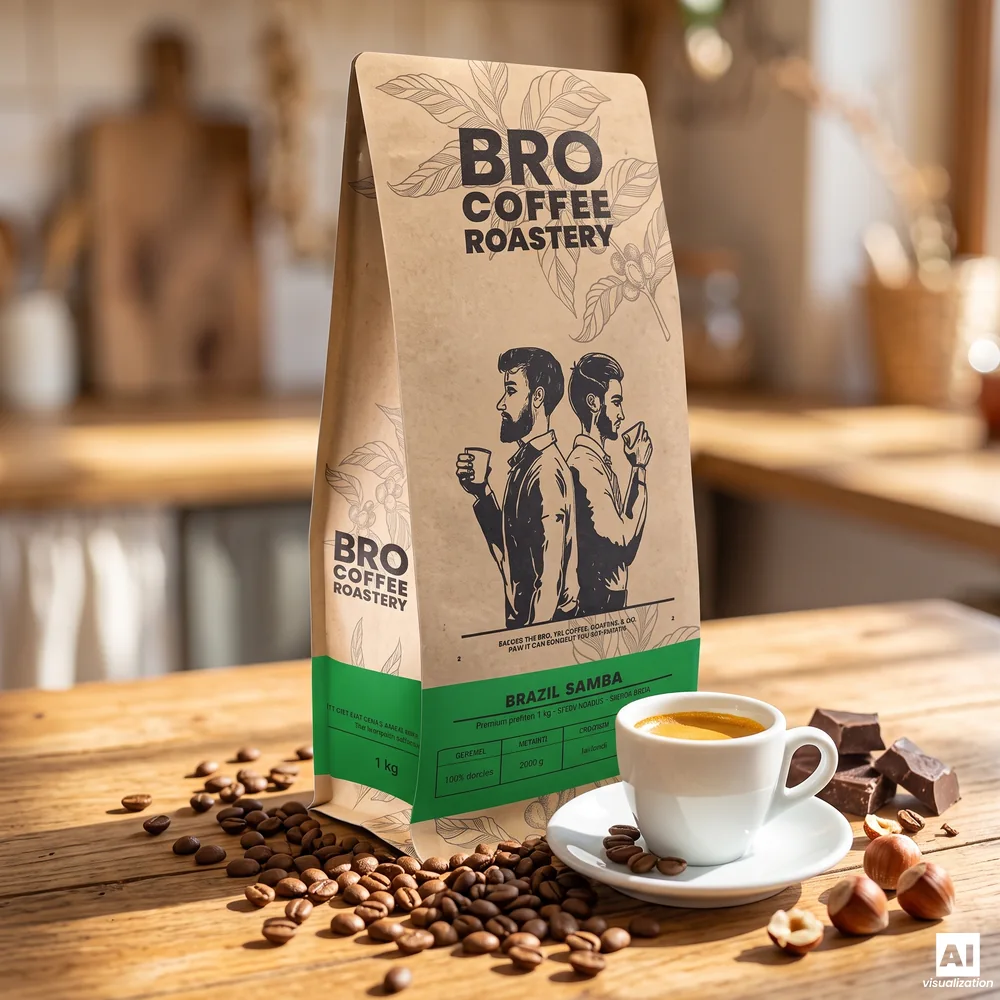 Kawa ziarnista Bro Coffee Roastery Brazil Samba Premium z filiżanką espresso, czekoladą i orzechami.