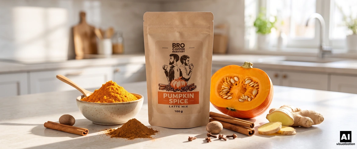 Doypack Pumpkin Spice Latte Mix, miseczka liofilizowanej dyni w proszku, przekrojona dynia i przyprawy.