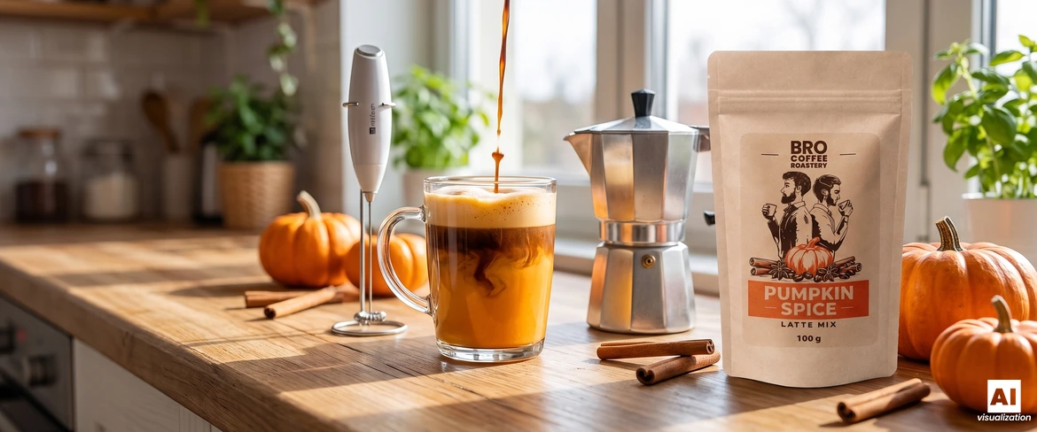 Kawa wlewana do dyniowego latte, obok kawiarka, spieniacz do mleka i Pumpkin Spice Latte Mix.