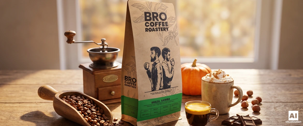Kawa Bro Coffee Roastery Brazil Samba, młynek, espresso i kubek dyniowego latte na drewnianym stole.