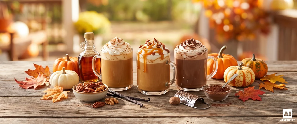 Trzy wersje Pumpkin Spice Latte z bitą śmietaną, karmelem i kakao, obok syrop klonowy i orzechy pekan.
