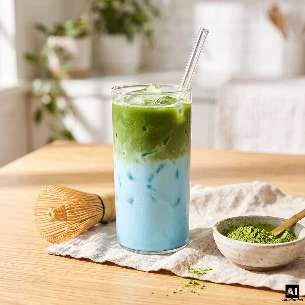 Warstwowe Blue Banana Matcha Latte – zielona matcha na niebieskim mleku z lodem, obok miotełka chasen.