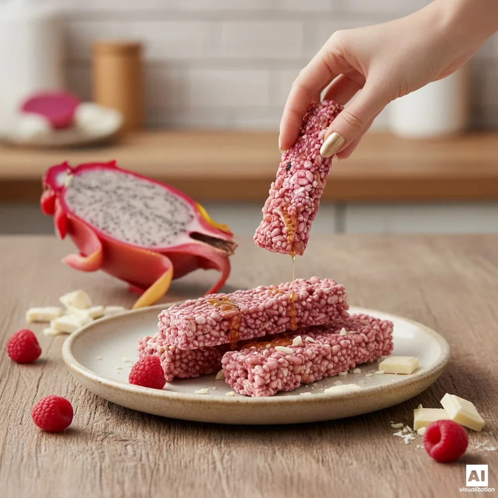 Różowe batoniki z ekspandowanych ziaren z Pink Matcha i Nustino, obok smoczy owoc i maliny.