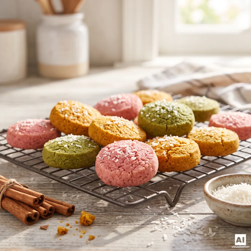 Kolorowe ciasteczka z Nustino malinowym, matchą i Orange Matcha na kratce, obok laski cynamonu.