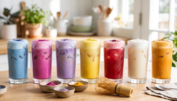 Kolorowa matcha – siedem szklanek latte: niebieska, różowa, fioletowa, żółta, czerwona, biała i pomarańczowa.