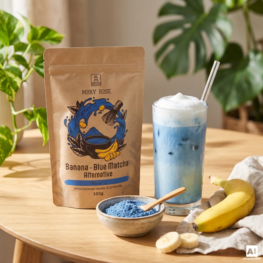 Niebieska matcha Mary Rose Blue Matcha Alternative Banan obok błękitnego latte, proszku i banana.
