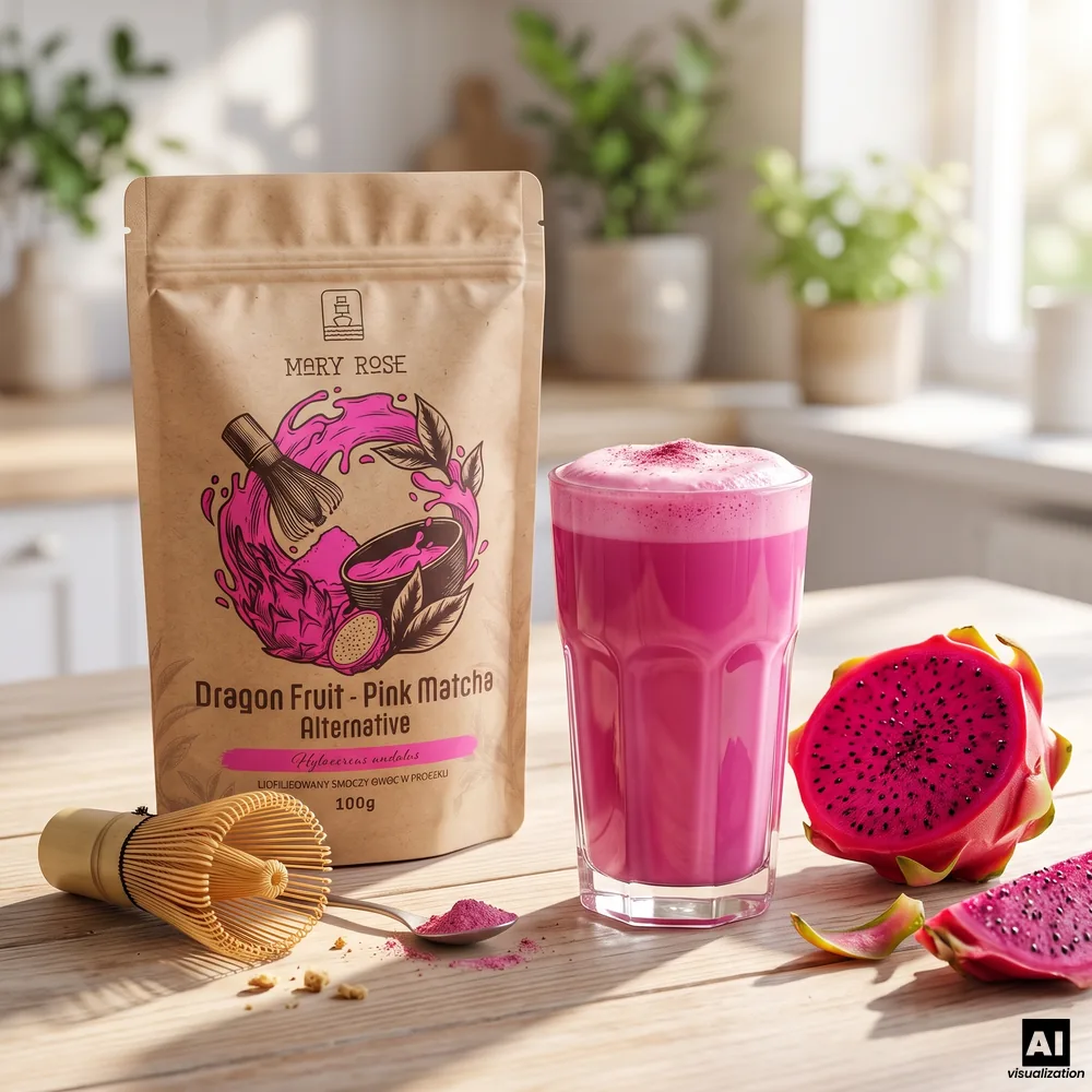 Różowa matcha Mary Rose Pink Matcha Alternative Dragon Fruit z różowym latte i smoczym owocem.