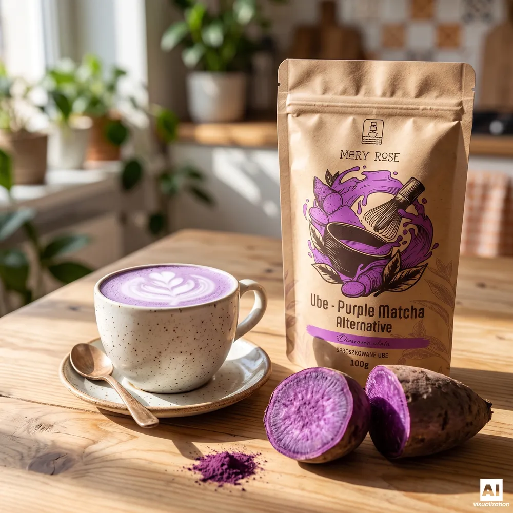 Fioletowa matcha Mary Rose Purple Matcha Alternative Ube z fioletowym latte i przekrojonym ube.