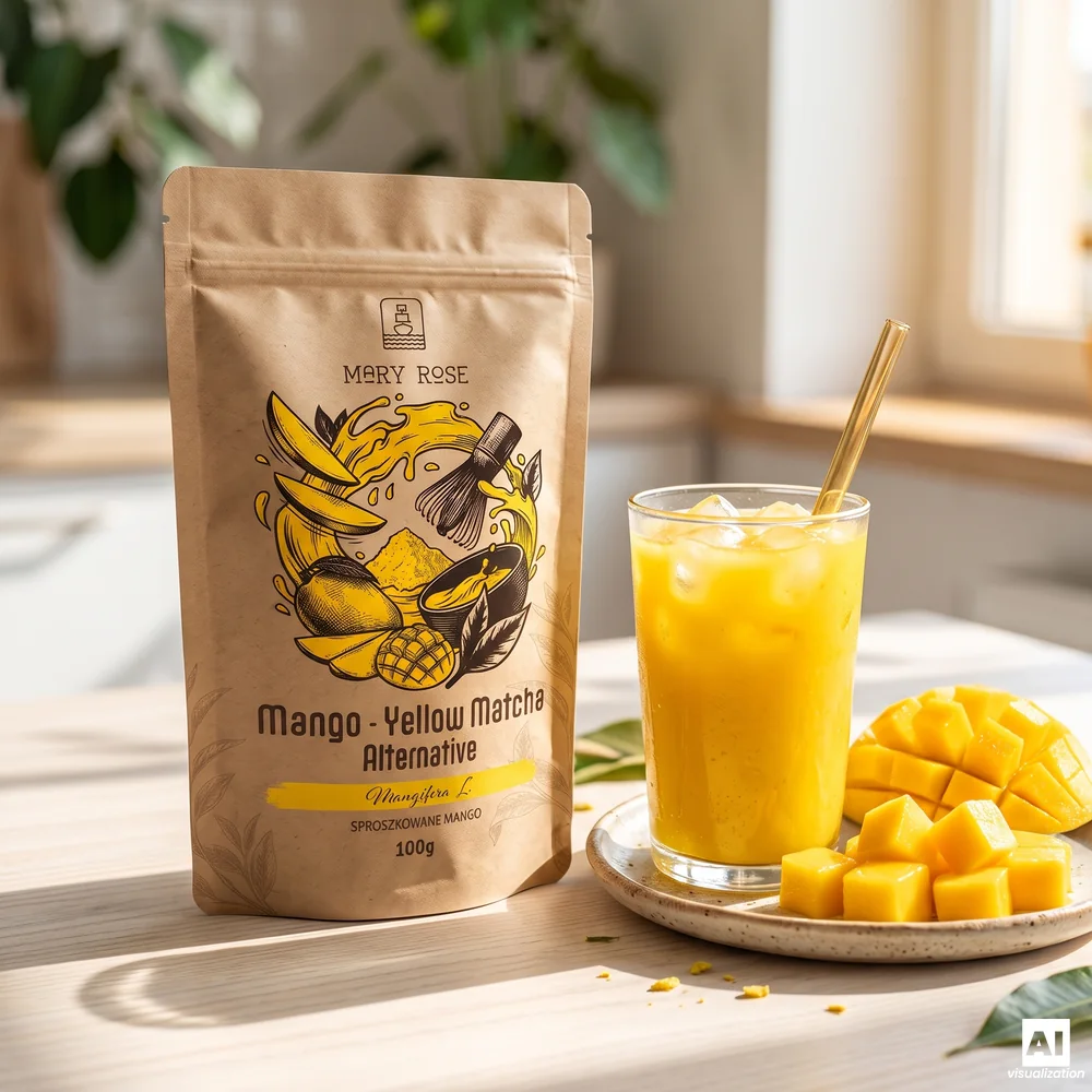 Mango matcha Mary Rose Yellow Matcha Alternative z żółtym napojem i kostkami świeżego mango.