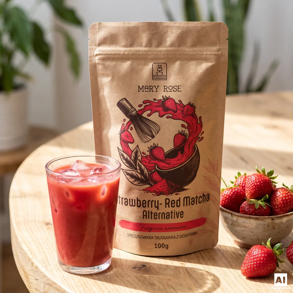 Czerwona matcha Mary Rose Red Matcha Alternative Truskawka z truskawkowym napojem i owocami.